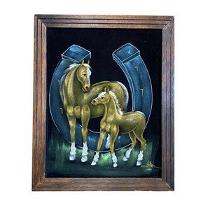 Vintage Black Felt Velvet Painting Horse and Colt Horseshoe Wooden Frame 1982